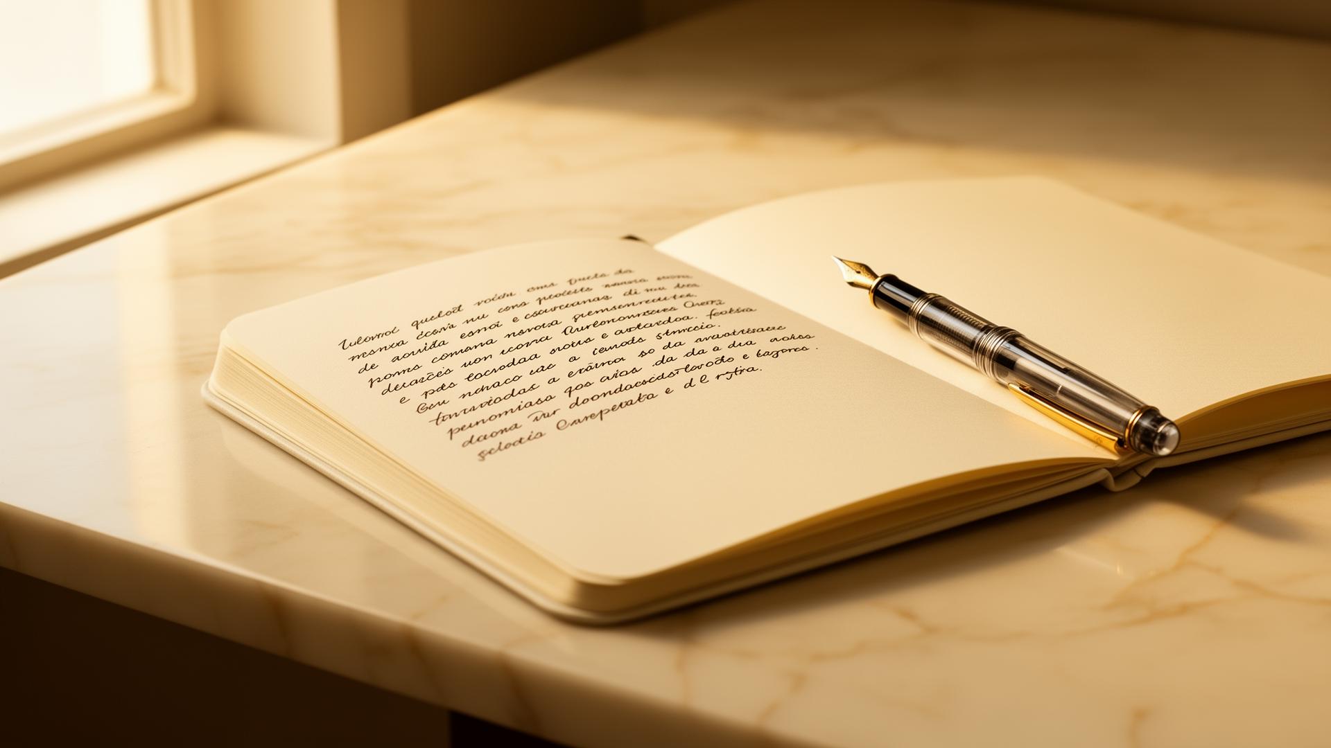 Caderno aberto com escrita à mão